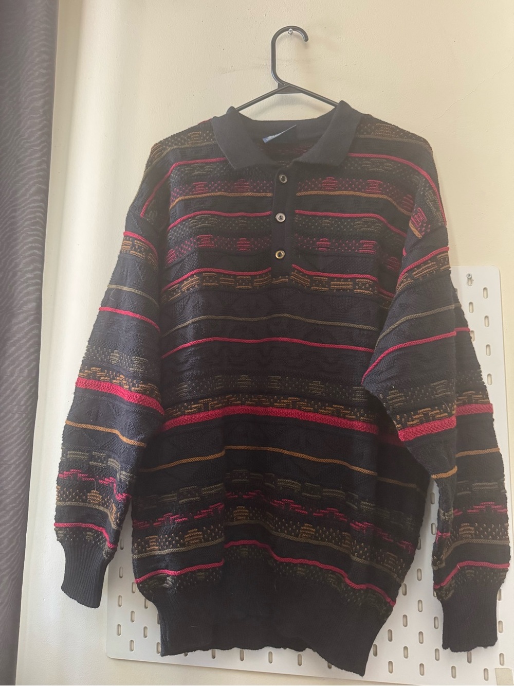 Vintage Limnos Australia Black Crewneck Polo Sweater with Red and Gold Stripes